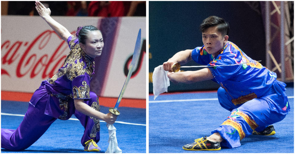 Singapore's wushu gold medallists Kimberly Ong and Jowen Lim at the 2023 SEA Games. (PHOTOS: SNOC/Lim Weixiang)