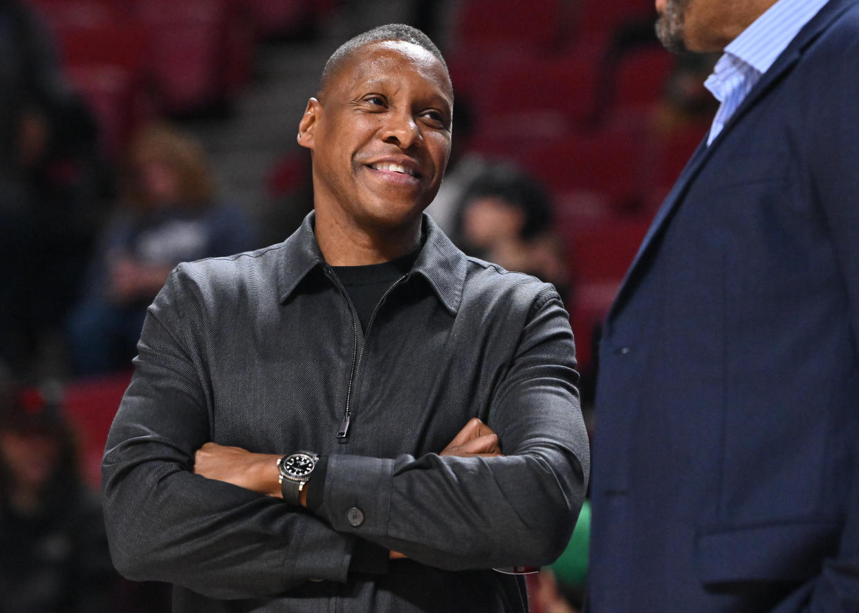 MONTREAL, CANADA - OCTOBER 14:  Vice-Chairman and team president of the Toronto Raptors, Masai Ujiri, walks onto the court prior to the preseason NBA game against the Boston Celtics at Centre Bell on October 14, 2022 in Montreal, Quebec, Canada.  The Toronto Raptors defeated the Boston Celtics 137-134 in overtime.  NOTE TO USER: User expressly acknowledges and agrees that, by downloading and or using this photograph, User is consenting to the terms and conditions of the Getty Images License Agreement.  (Photo by Minas Panagiotakis/Getty Images)