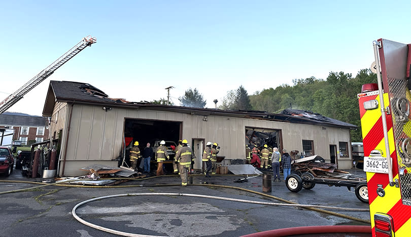 Daylight brought the opportunity to see the extent of the damage to the Fatboy Fabrication business which caught fire early Monday morning. (Photo courtesy of Elizabethton Fire Department)