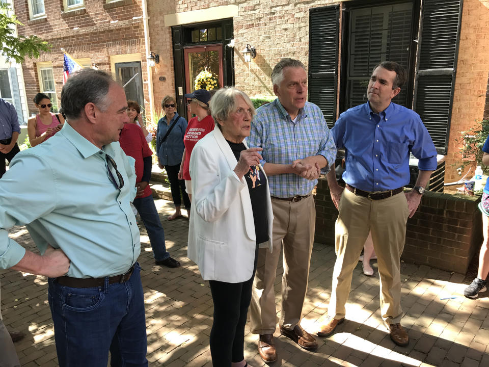 From left, Sen. Tim Kaine, supporter Hazel Rigby, Gov. Terry McAuliffe and Lt. Gov. Ralph Northam in Arlington, Va., on June 10, 2017. (Photo: Jon Ward/Yahoo News)