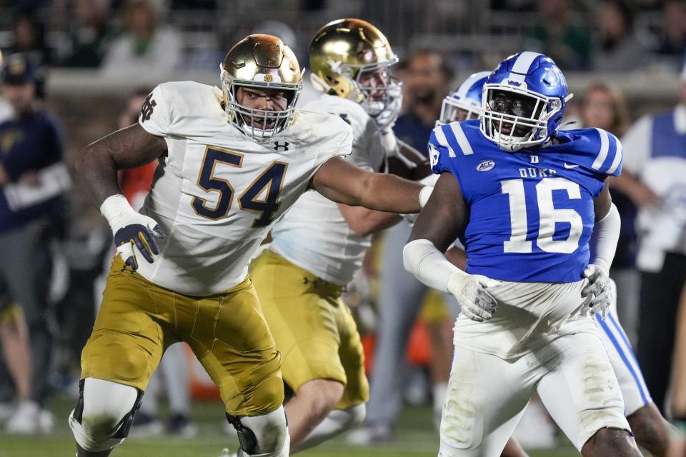 Sep 30, 2023; Durham, North Carolina, USA; Notre Dame Fighting Irish offensive lineman Blake Fisher (54) blocks Duke Blue Devils defensive tackle Aeneas Peebles (16) during the second half at Wallace Wade Stadium. Mandatory Credit: Jim Dedmon-USA TODAY Sports