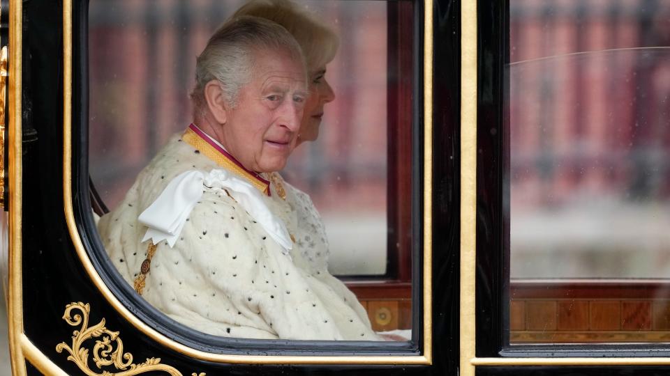 King Charles and Queen Camilla in a carriage at the Coronation