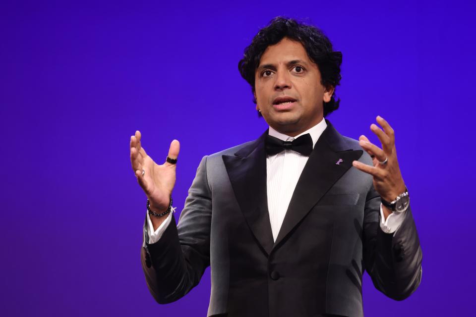 BERLIN, GERMANY - FEBRUARY 10: Jury President M. Night Shyamalan is seen on stage at the Opening Ceremony and "Peter von Kant" premiere during the 72nd Berlinale International Film Festival Berlin at Berlinale Palast on February 10, 2022 in Berlin, Germany. (Photo by Andreas Rentz/Getty Images)