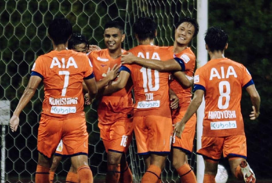 Albirex Niigata (S) players celebrate scoring during their SPL tie with Lion City Sailors. (PHOTO: Singapore Premier League)