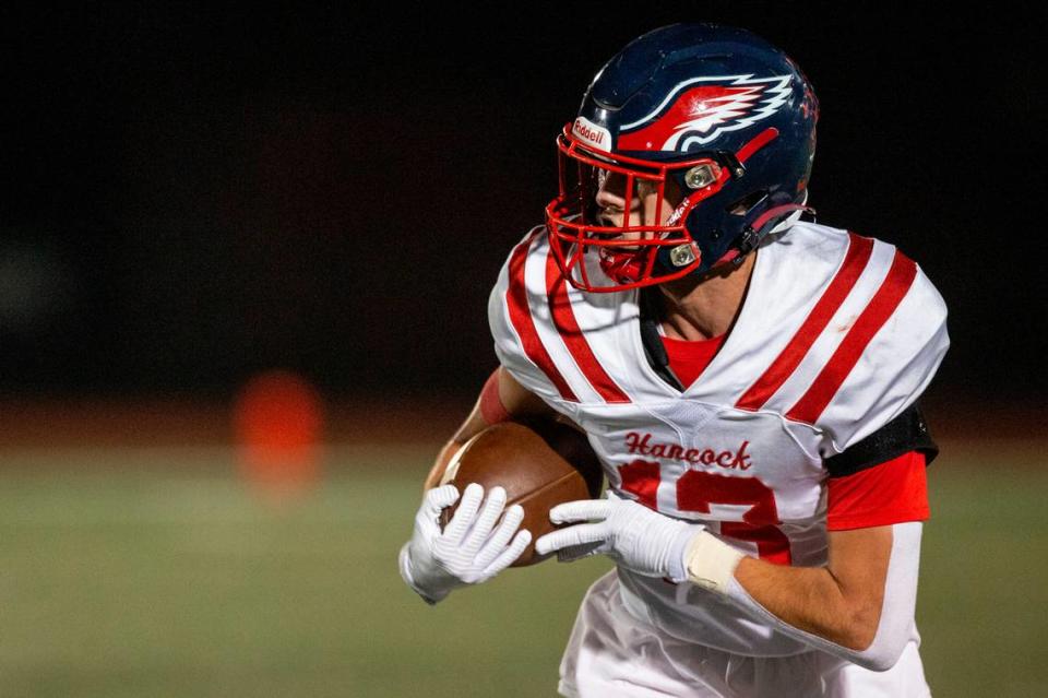 Hancock’s Todd Dedeaux catches a pass during a game at West Harrison High School in Harrison County on Friday, Oct. 6, 2023. Hannah Ruhoff/Sun Herald