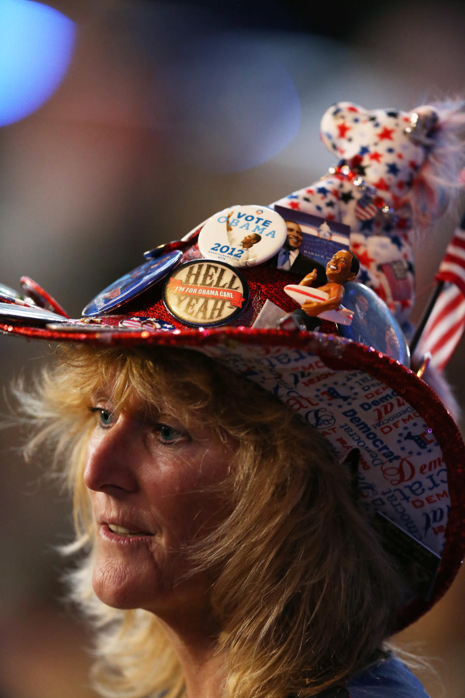 Delegate Kelly Jacobs of Mississippi wears a patriotic hat during day two of the Democratic National Convention at Time Warner Cable Arena on September 5, 2012 in Charlotte, North Carolina. (Photo by Streeter Lecka/Getty Images)