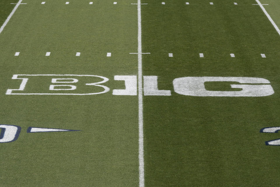 The Big Ten logo decorates the grass at Beaver Stadium before an NCAA college football game between Penn State and Buffalo in State College, Pa., on Saturday, Sept. 7, 2019. (AP Photo/Barry Reeger)