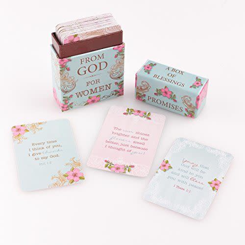 <p><strong>Christian Art Gifts</strong></p><p>amazon.com</p><p><strong>$4.99</strong></p><p>A box of 101 blessings will help her start her day off on a positive note. Featuring blue and pink floral designs and vivid colors, the cards focus on self-worth, love, hope, faith and many more themes to bring them hope. </p>