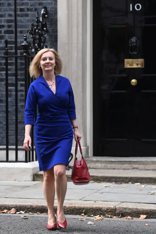 Britain's Foreign Secretary Liz Truss walks outside Downing Street in London