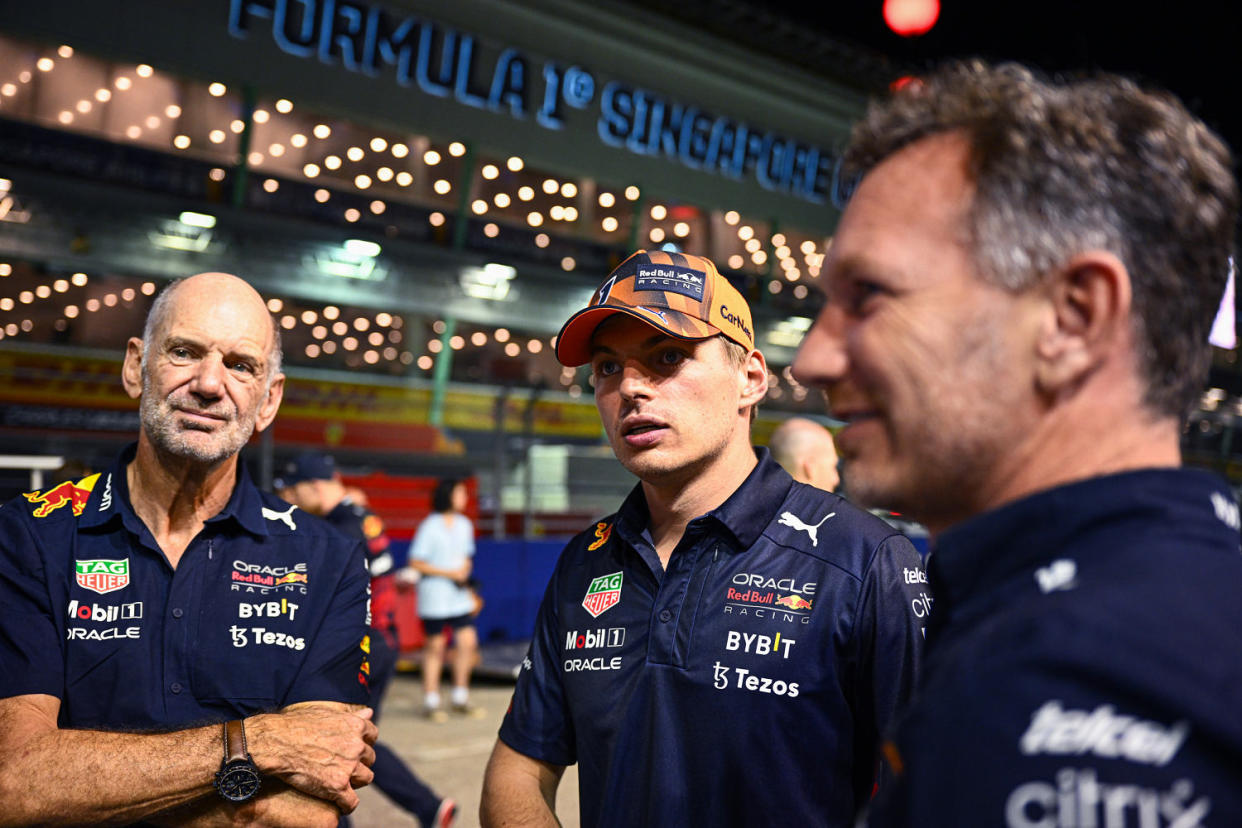 Adrian Newey, Max Verstappen and Christian Horner. (Clive Mason / Getty Images file)