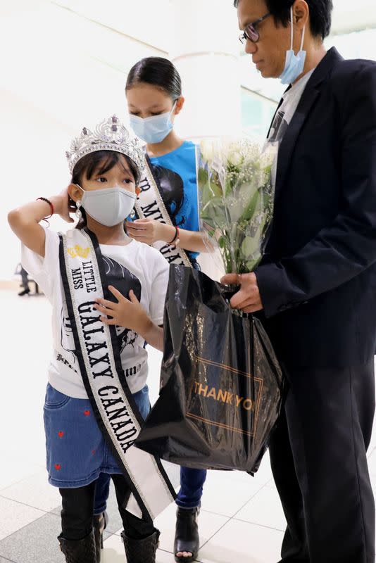 Exiled Myanmar beauty queen Han Lay arrives at Toronto Pearson International Airport in Mississauga