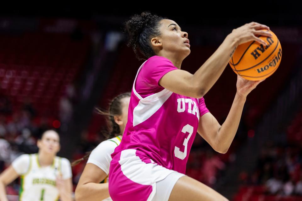 Utah Utes guard Lani White (3) jumps for a lay up after driving the ball down the court during a game against the Oregon Ducks at the Huntsman Center in Salt Lake City on Saturday, Feb. 11, 2023. | Marielle Scott, Deseret News