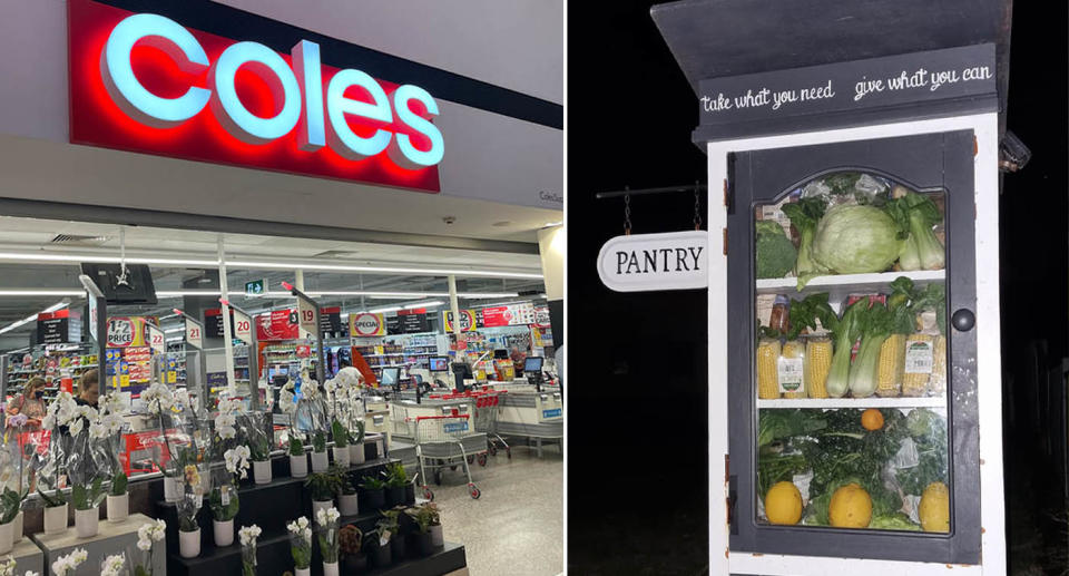 Coles supermarket, and (right) the little free food pantry in Ulladulla. 