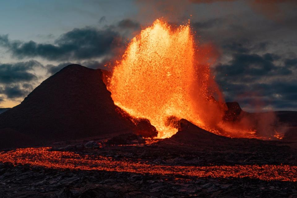 Lava flows from an eruption of the Fagradalsfjall volcano on the Reykjanes Peninsula in southwestern Iceland on Tuesday, May 11, 2021 (Copyright 2021 The Associated Press. All rights reserved.)