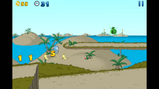 Players navigate their character through the level dodging enemies and picking up coins in The Adventures of SlingCat