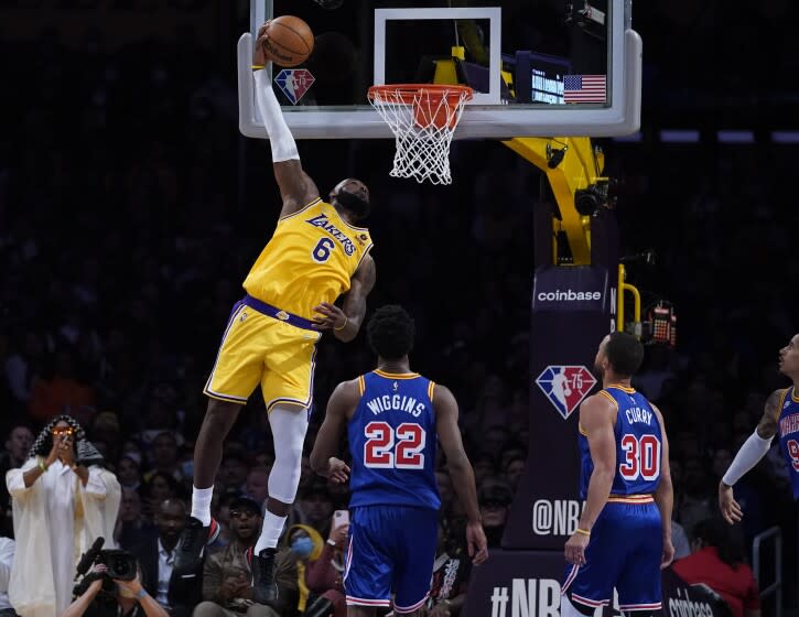 Los Angeles Lakers forward LeBron James (6) shoots during the second half.