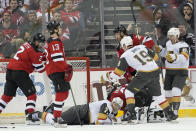 Vegas Golden Knights center William Karlsson (71) reacts after scoring against the New Jersey Devils during the second period of an NHL hockey game, Tuesday, Jan. 24, 2023, in Newark, N.J. (AP Photo/Mary Altaffer)