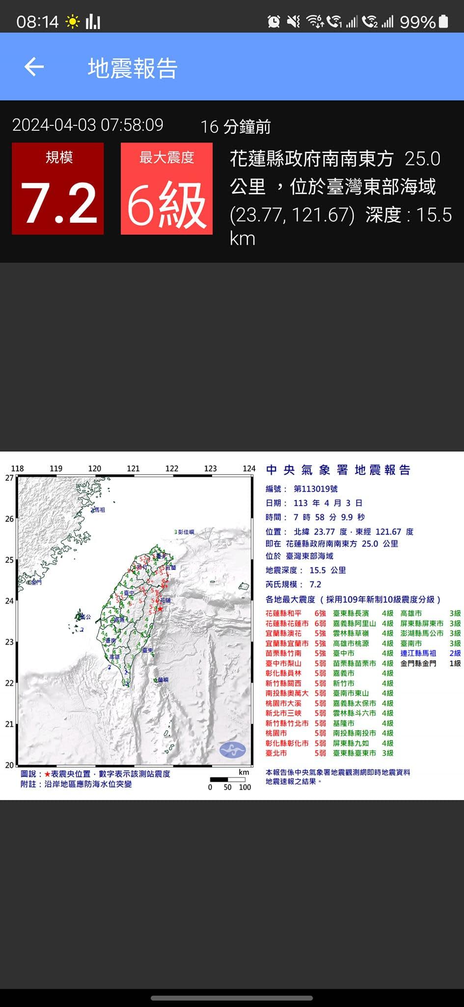 APP雖然能爭取逃難時間，但切記遇到地震一定要謹慎。（圖／KNY 台灣天氣 地震速報）