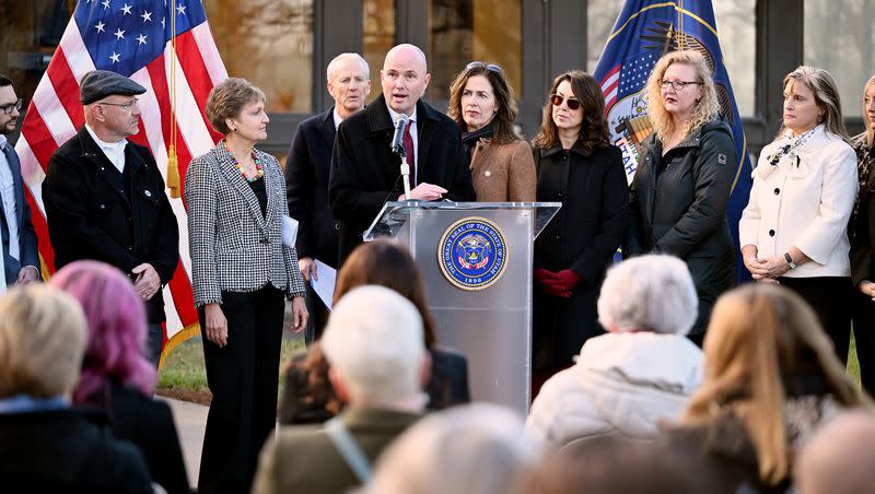 Gov. Spencer Cox is joined by local leaders and Lt. Gov. Deidre Henderson as he unveils the state’s 2025 homelessness plan at a press conference at Atherton Community Treatment Center in West Valley City on Monday, Dec. 4, 2023.