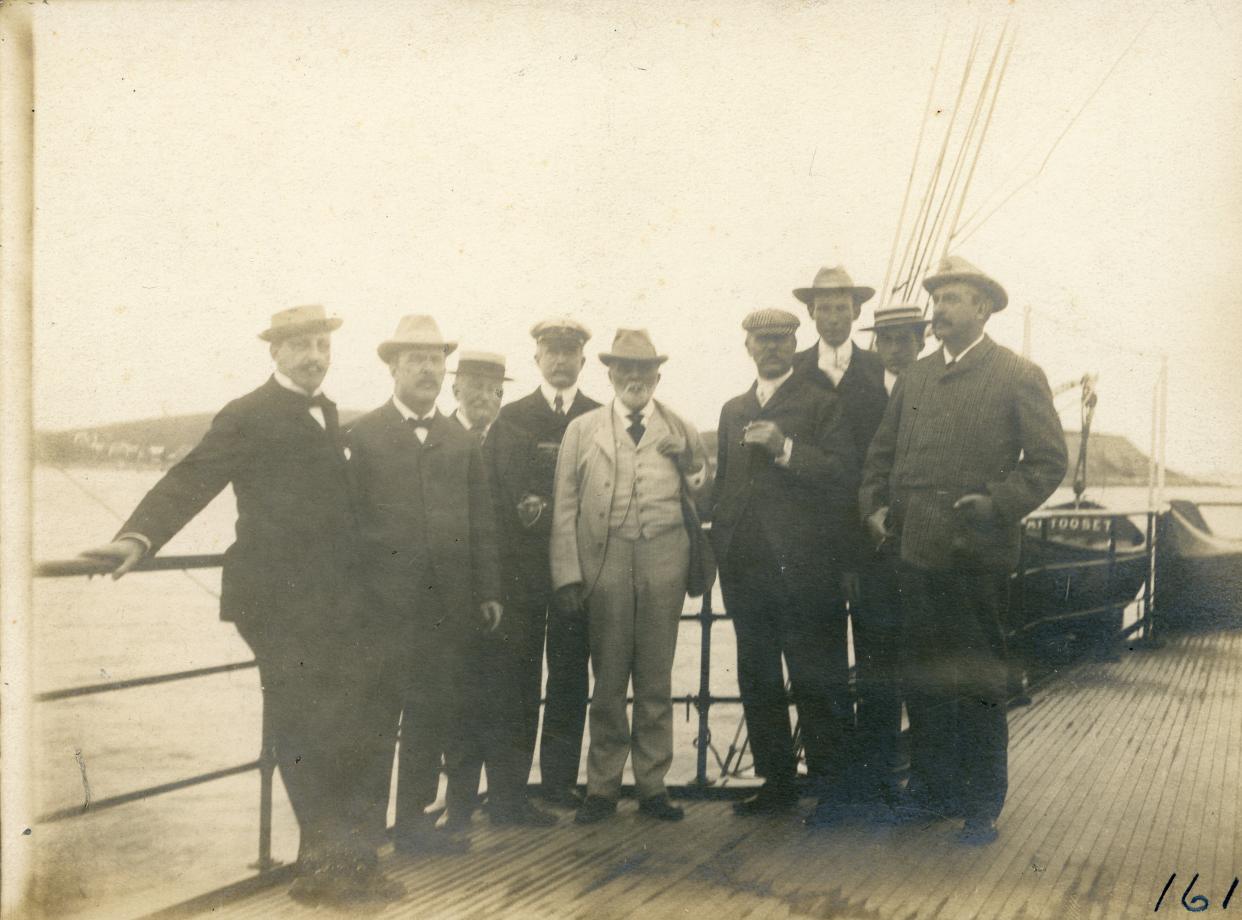 On Albert Bigelow's yacht, the Pantooset, are, from left, Francis Manning, John Reed, George Sears, Albert Bigelow, Joseph Kendall, Joseph Bigelow, Joseph Bigelow Jr., Cleveland Bigelow and William Reed. Dated circa 1902.