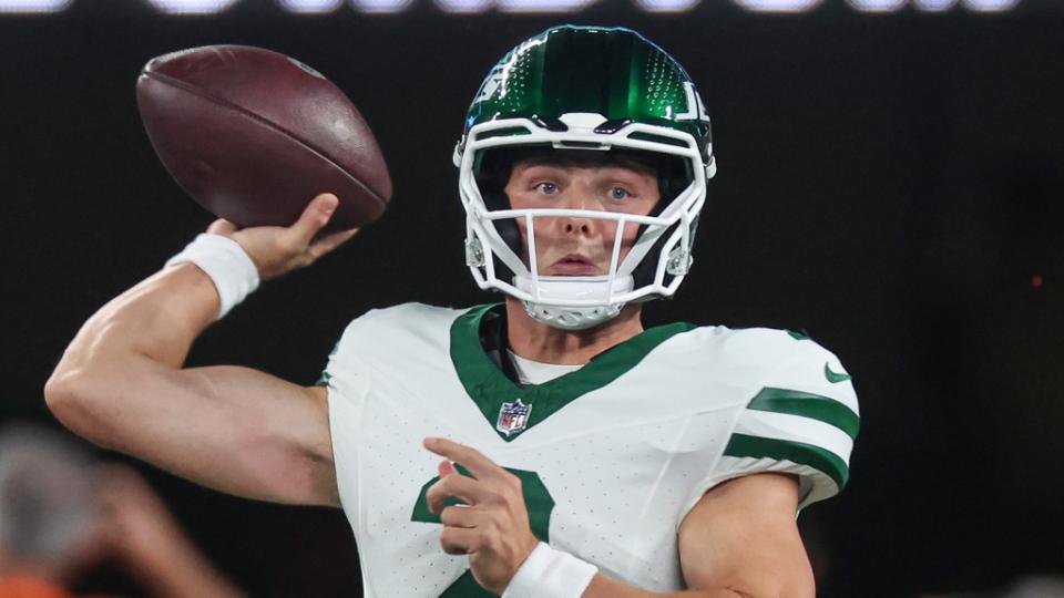 Oct 1, 2023; East Rutherford, New Jersey, USA; New York Jets quarterback Zach Wilson (2) throws the ball during the first half against the Kansas City Chiefs at MetLife Stadium. Mandatory Credit: Vincent Carchietta-USA TODAY Sports