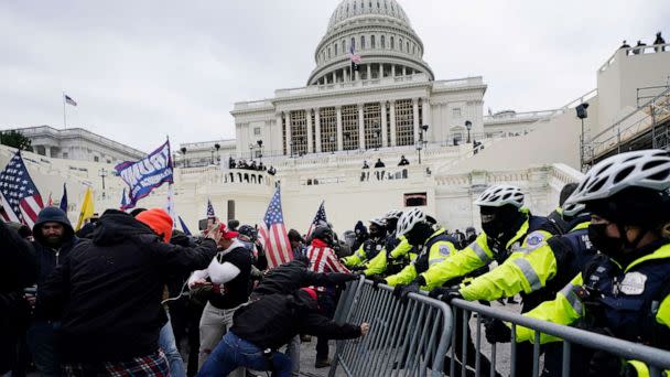 PHOTO: Violent insurrectionists loyal to President Donald Trump try to break through a police barrier, Jan. 6, 2021, at the Capitol. (Julio Cortez/AP, FILE)