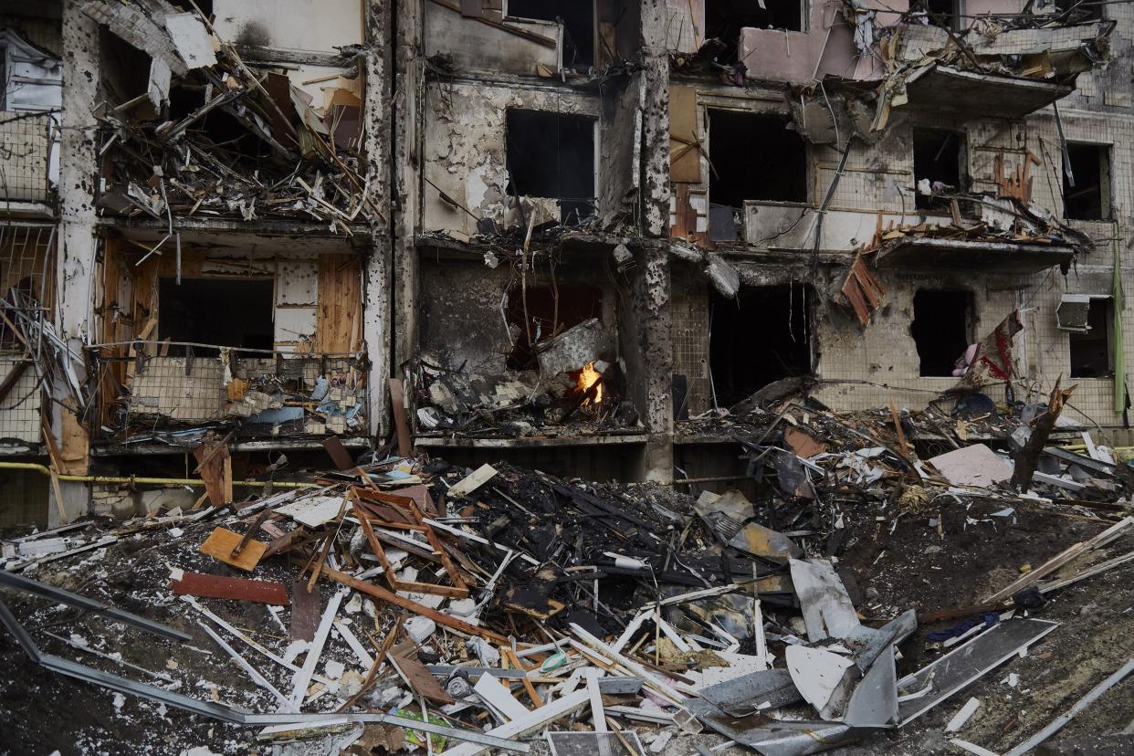 A residential building damaged by a missile on Feb. 25, 2022, in Kyiv, Ukraine.