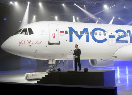 Russian Prime Minister Dmitry Medvedev attends a ceremony to present the Irkut MC-21 mid-range jet airliner at the Irkutsk Aviation Plant (Irkut Corporation) in Irkutsk, June 8, 2016. Sputnik/Alexander Astafyev/Pool/via REUTERS