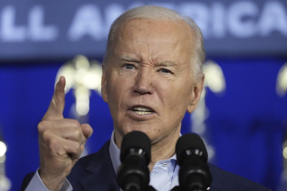 FILE - President Joe Biden speaks at a campaign event, April 16, 2024, in Scranton, Pa. Joe Biden’s campaign is signaling new plans to incorporate Donald Trump’s recent felony conviction as a core element of the Democratic president's reelection message. (AP Photo/Alex Brandon, File)