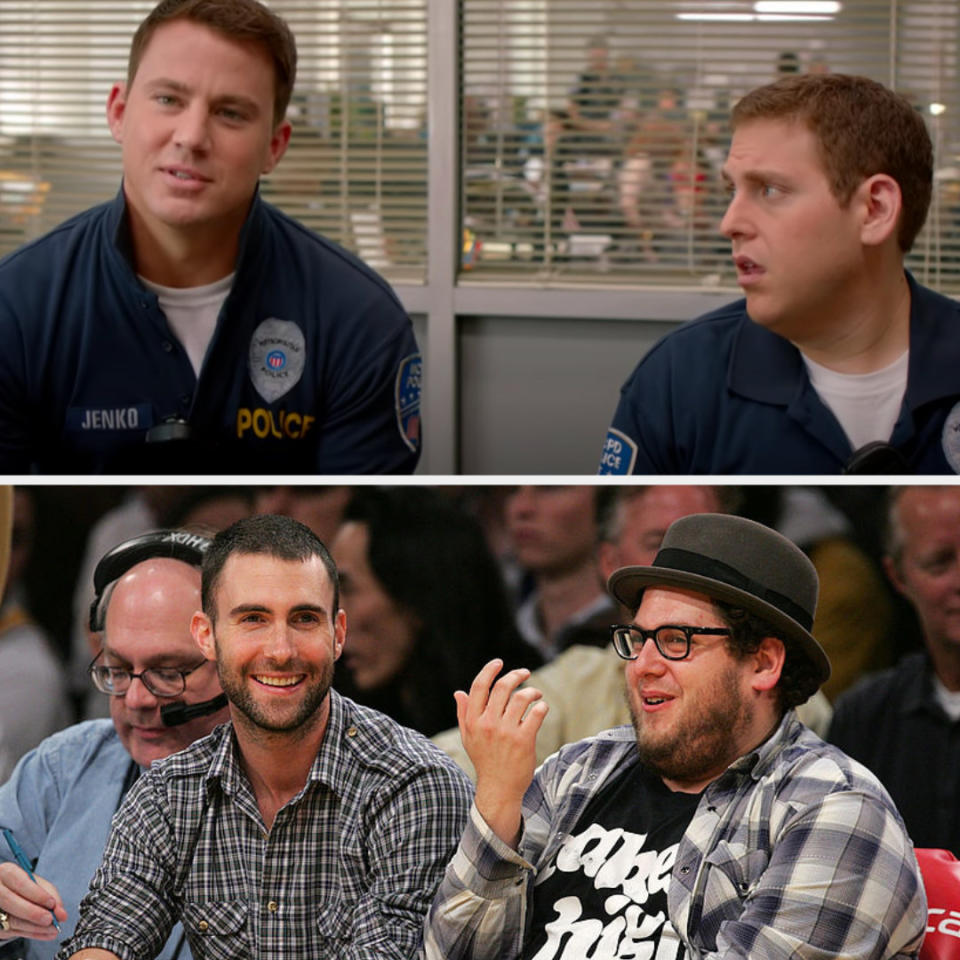 Above, Morton and Greg sit next to each other during a meeting in the police office. Below, Adam and Jonah laugh courtside at a basketball game