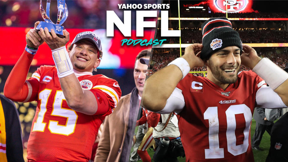 Patrick Mahomes (L) and Jimmy Garoppolo (R) celebrate after winning the AFC & NFC Championships, respectively, and advancing to Super Bowl LIV. (Photos L to R by William Purnell/Icon Sportswire via Getty Images, Sean M. Haffey/Getty Images)