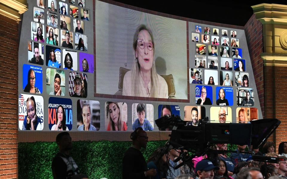 Meryl Streep appears on screen at the virtual event hosted by Oprah Winfrey on Thursday