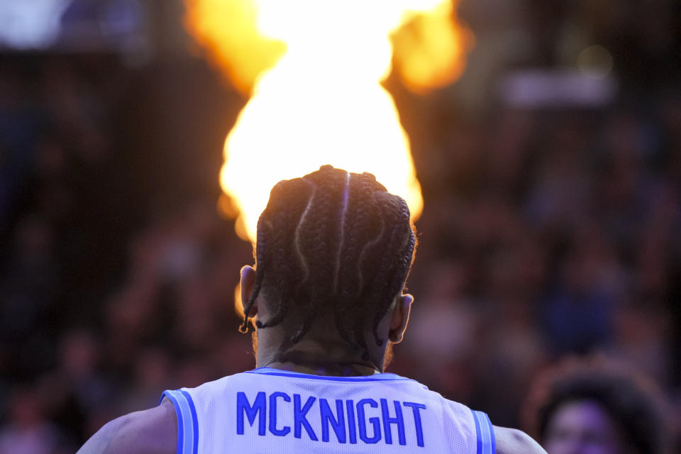 Xavier's guard Dayvion McKnight takes the court during player introductions for the team's NCAA college basketball game against UConn, Wednesday, Jan. 10, 2024, in Cincinnati. (AP Photo/Aaron Doster)