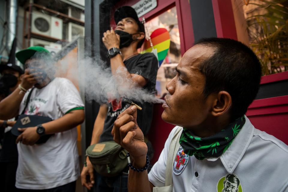Thai activists take part in a pro marijuana rally to celebrate World Cannabis Day on April 20, 2022 in Bangkok, Thailand. To celebrate World Cannabis Day Thai activists marched from Democracy Monument to Khaosan Road to promote the legalization of marijuana in Thailand for recreational use.