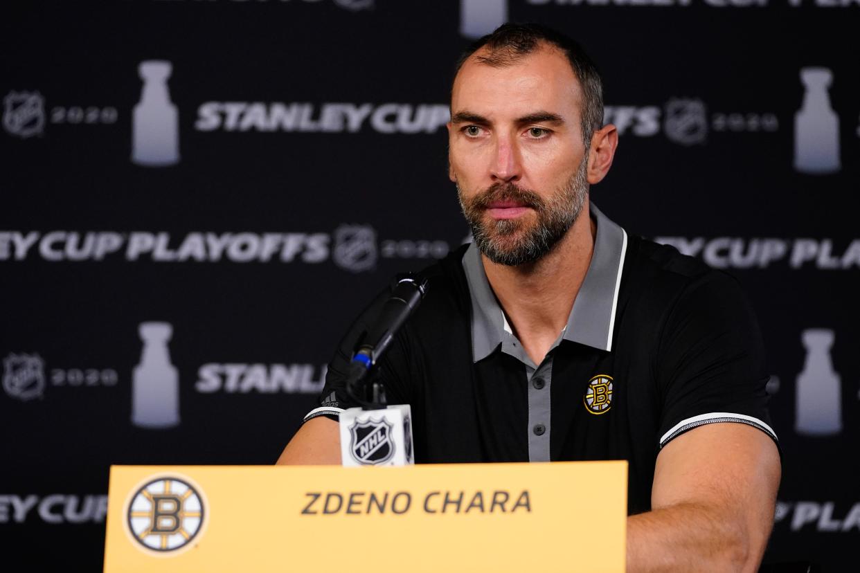 TORONTO, ONTARIO - AUGUST 27:  Zdeno Chara #33 of the Boston Bruins speaks to the media after the NHL and NHLPAs announcement to reschedule games during the Eastern Conference Second Round of the 2020 NHL Stanley Cup Playoffs on August 27, 2020 in Toronto, Ontario. Several sporting leagues across North America are postponing their schedules as players protest the shooting of Jacob Blake by Kenosha, Wisconsin police. (Photo by Mark Blinch/NHLI via Getty Images)