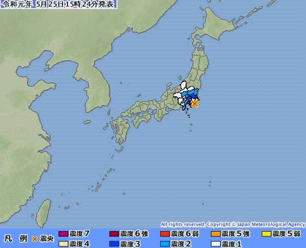 日本放送協會(NHK)報導，東京附近的千葉縣(Chiba)發生地震，初步測定規模為5.1。(圖截自Japan Meteorological Agency 官網)