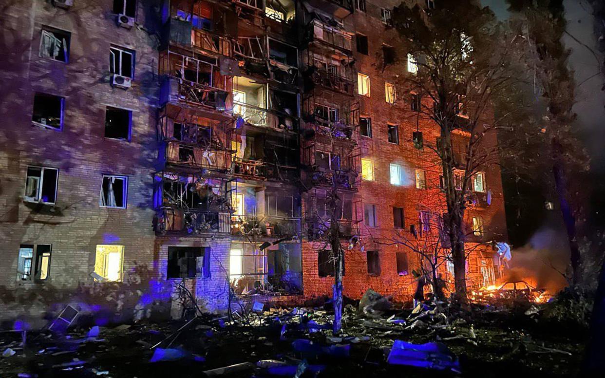 A fire in a residential building following a missile attack in Kursk