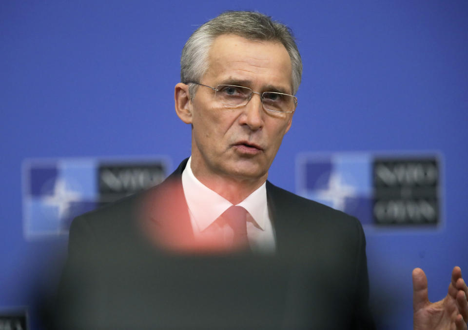 NATO Secretary General Jens Stoltenberg speaks during a media conference ahead of a NATO defense minister's meeting at NATO headquarters in Brussels, Monday, Feb. 15, 2021. (Olivier Hoslet, Pool via AP)