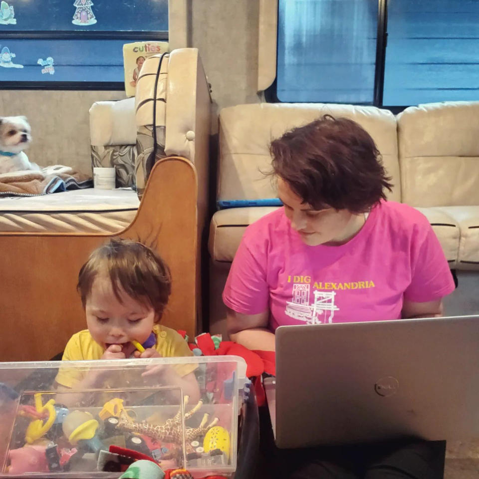 Whitney Stohr is pictured working and living with her family in an RV during home accessibility renovations in 2021. (Courtesy Whitney Stohr)