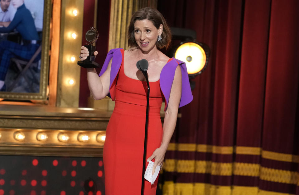 Miriam Silverman accepts the award for best performance by an actress in a featured role in a play for "The Sign in Sidney Brustein's Window" at the 76th annual Tony Awards on Sunday, June 11, 2023, at the United Palace theater in New York. (Photo by Charles Sykes/Invision/AP)