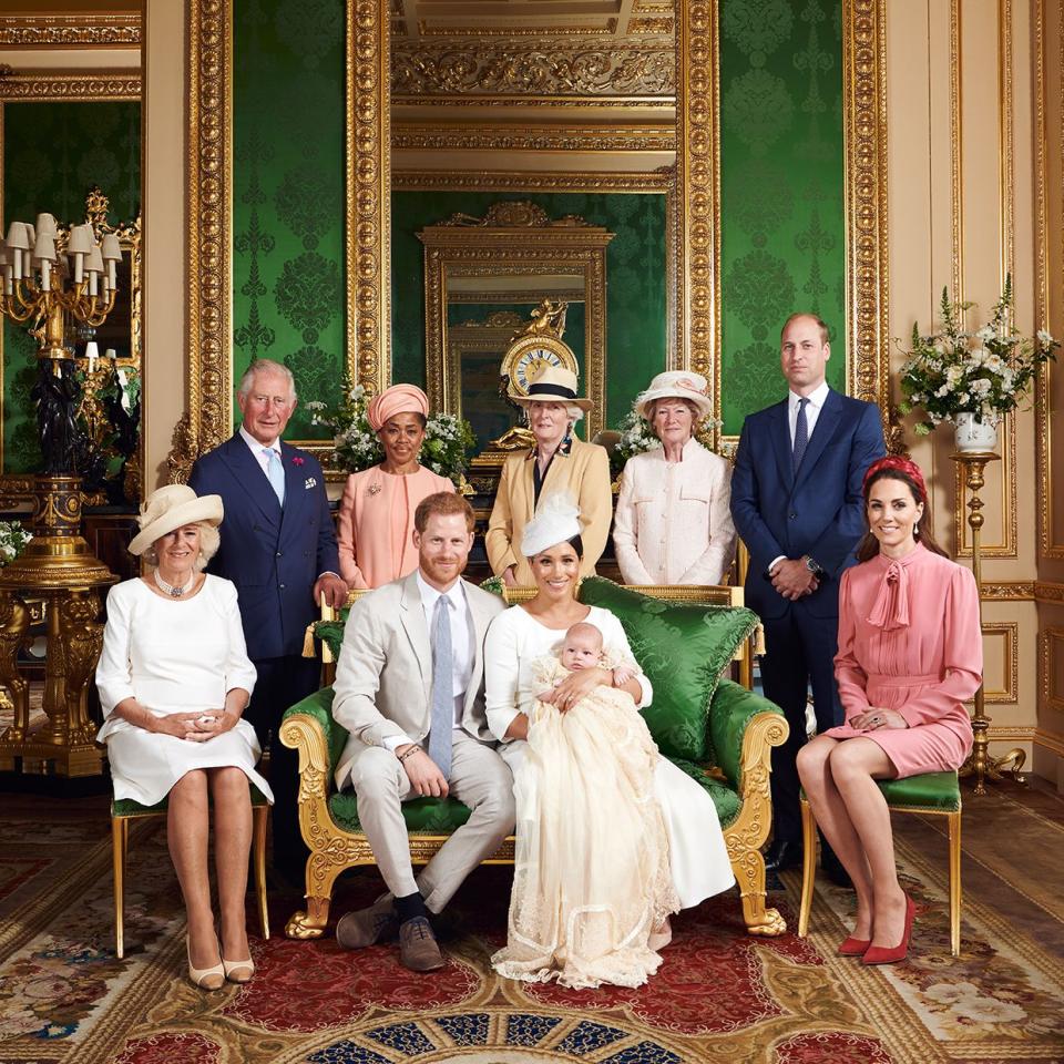 Members of the royal family pose for baby Archie's christening portraits.