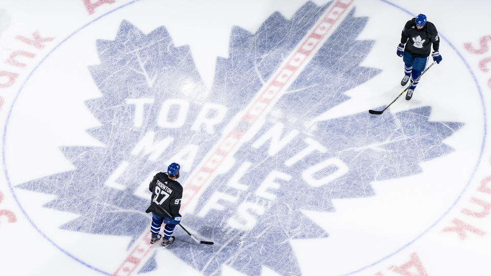 TORONTO, ON - MARCH 20: Wearing jerseys to honour the Canadian Armed Forces, Joe Thornton #97 and Zach Bogosian #22 of the Toronto Maple Leafs warms up before facing the Calgary Flames at the Scotiabank Arena on March 20, 2021 in Toronto, Ontario, Canada. (Photo by Kevin Sousa/NHLI via Getty Images)