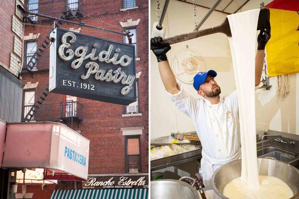 <p>Clay Williams</p> From left: Egidio Pastry, Arthur Avenue’s oldest sweets shop; Above, from left: making cheese at Casa Della Mozzarella.