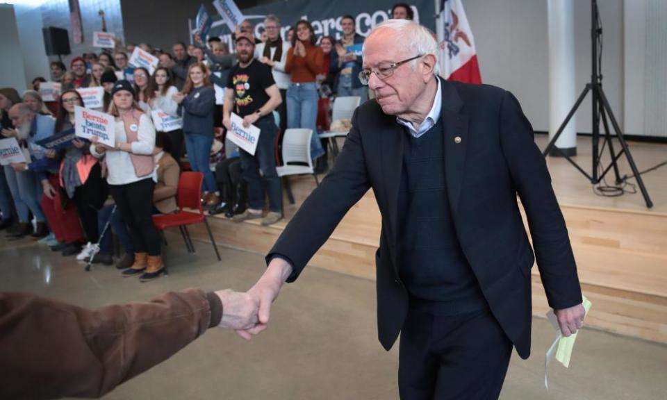 Bernie Sanders arrives for a campaign stop at Berg middle school on Saturday in Newton, Iowa.