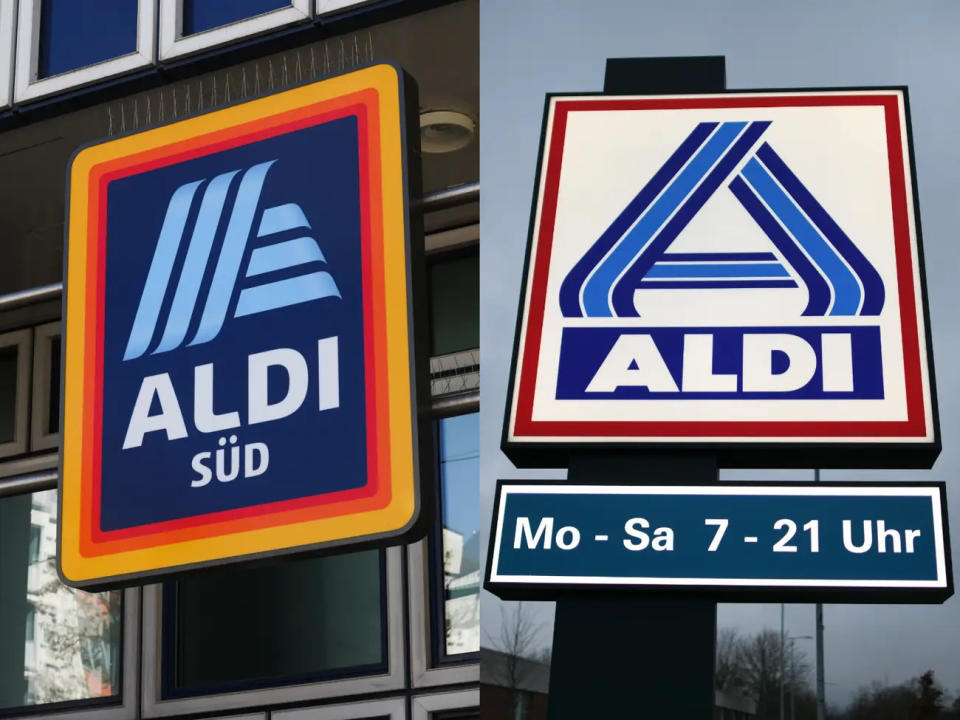 Aldi Süd und Aldi Nord bedienen unterschiedliche Regionen und haben kein gemeinsames Logo. - Copyright: Jeremy Moeller/Getty Images; Uwe Zucchi/Picture alliance via Getty Images