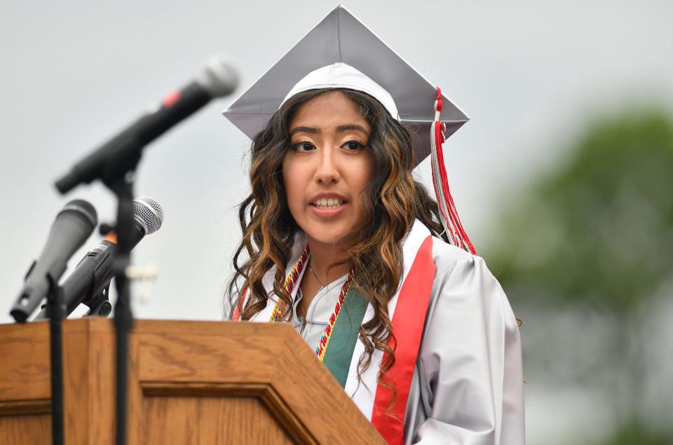 Class President Yahira Cuevas speaks to classmates during the Vineland High School commencement ceremony at Gittone Stadium on Wednesday, June 22, 2022.