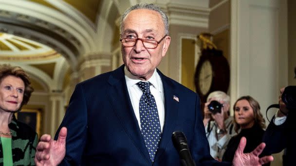 PHOTO: Chuck Schumer speaking at a press conference following Senate caucus policy luncheons at the U.S. Capitol., April 26, 2023. (Michael Brochstein/AP)