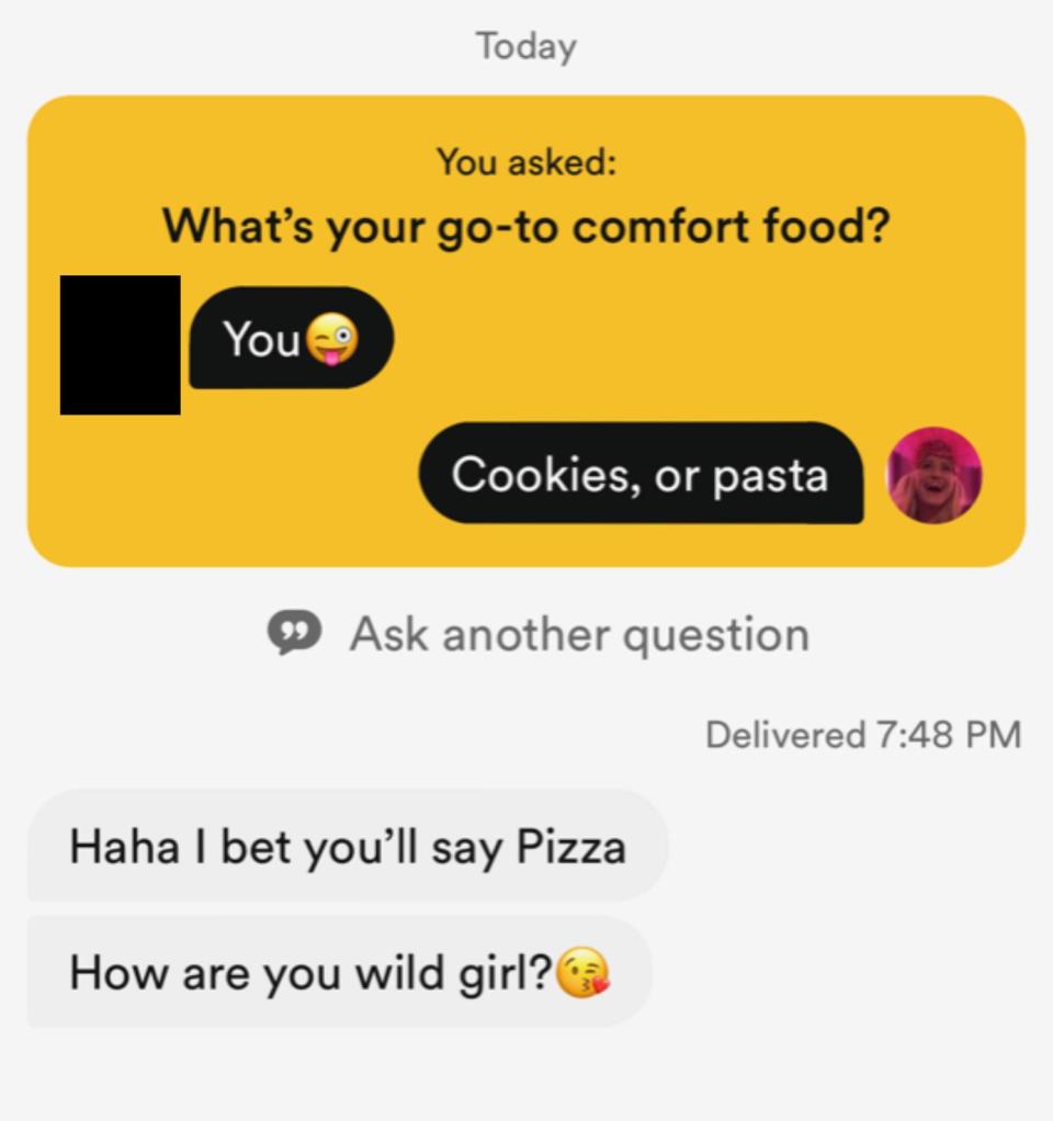text screenshot where a man tells a woman she is his comfort food, then says "How are you wild girl?"