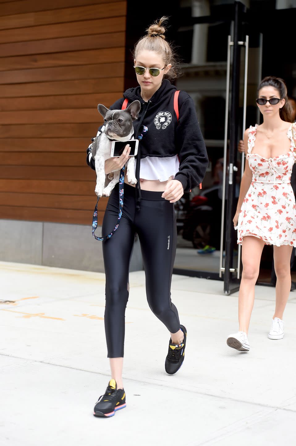 <p>In a Chrome Hearts cutoff hoodie, white tee, Reebok leggings, Reebok sneakers and L.G.R sunnies while out in New York.</p>