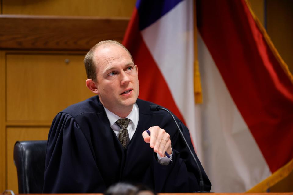 March, 1, 2024; Atlanta, GA, USA; Fulton County Superior Judge Scott McAfee presides in court, Friday, March, 1, 2024, in Atlanta. The hearing is to determine whether Fulton County District Attorney Fani Willis should be removed from the case because of a relationship with Nathan Wade, special prosecutor she hired in the election interference case against former President Donald Trump. Mandatory Credit: Alex Slitz/Pool via USA TODAY NETWORK